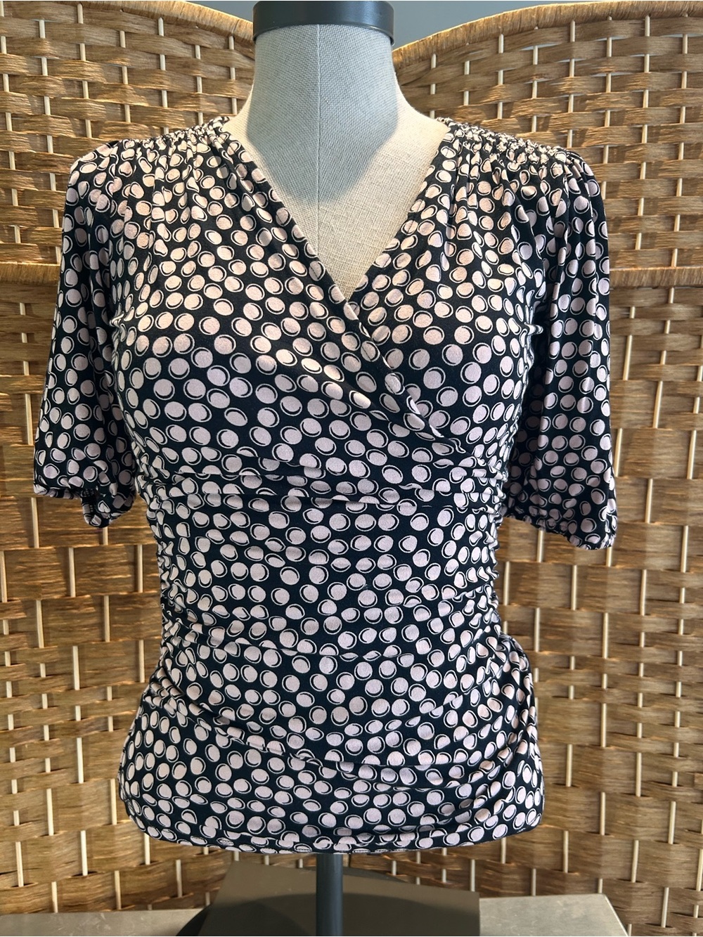Faux Wrap Ruched Polka Dot Top Pink Black V Neck Stretch Size 2